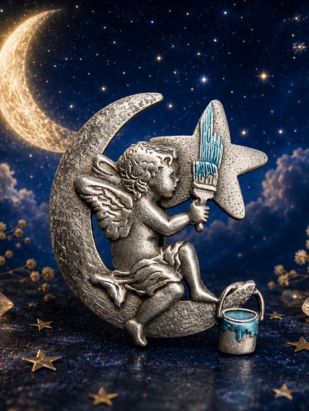 Vintage JJ Jonette Angel on Moon Painting Star Brooch Blue Enamel Pewter Pin